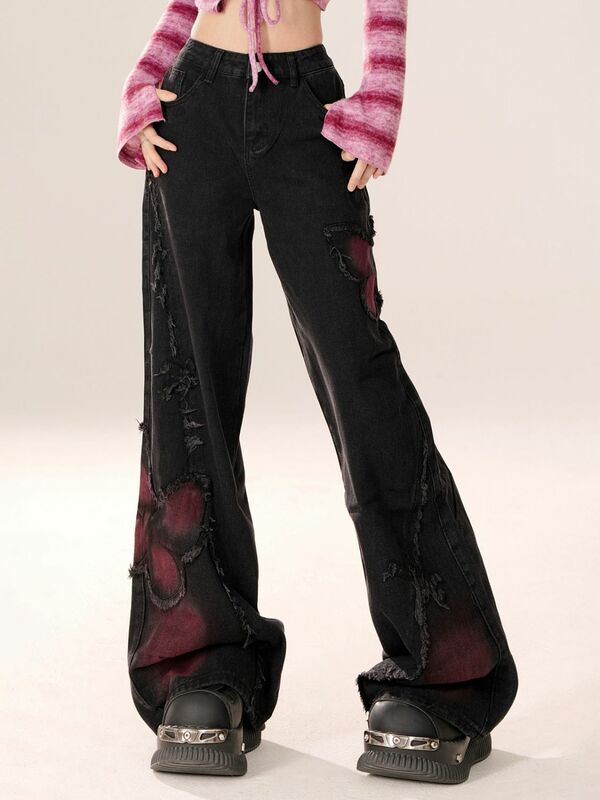 Damskie czarne workowate dżinsy nieobszyte brzegi motyl workowate dżinsy wzór gotycki workowate dżinsy Harajuku Y2k estetyczne spodnie jeansowe