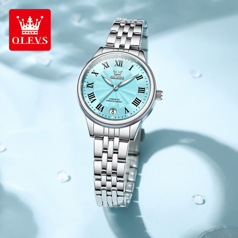 OLEVS jam tangan Quartz baja tahan karat wanita, jam tangan wanita modis kalender menyala antiair mewah baru