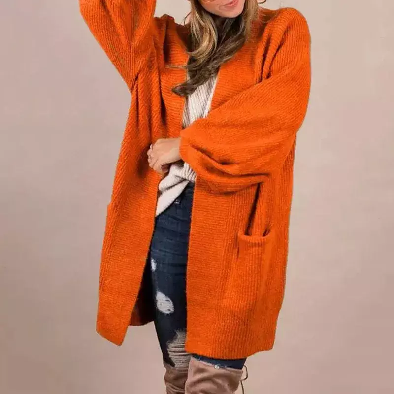 Sweater wanita, 2023 musim dingin/musim dingin ukuran Plus warna Solid saku panjang lengan lentera kardigan untuk wanita