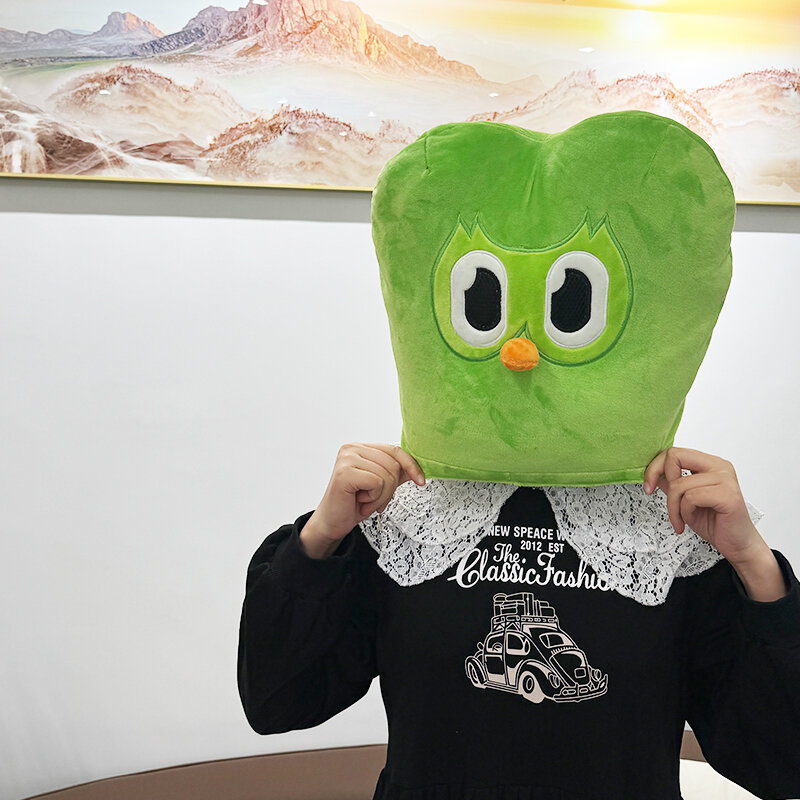 Szkocka rasa wyżynna pluszowa sowa nakrycia głowy śliczne zwierzęta kreskówkowe puszyste kapelusze na imprezę Cosplay dzieci dorosłych maski zielone Duolingo prezenty świąteczne