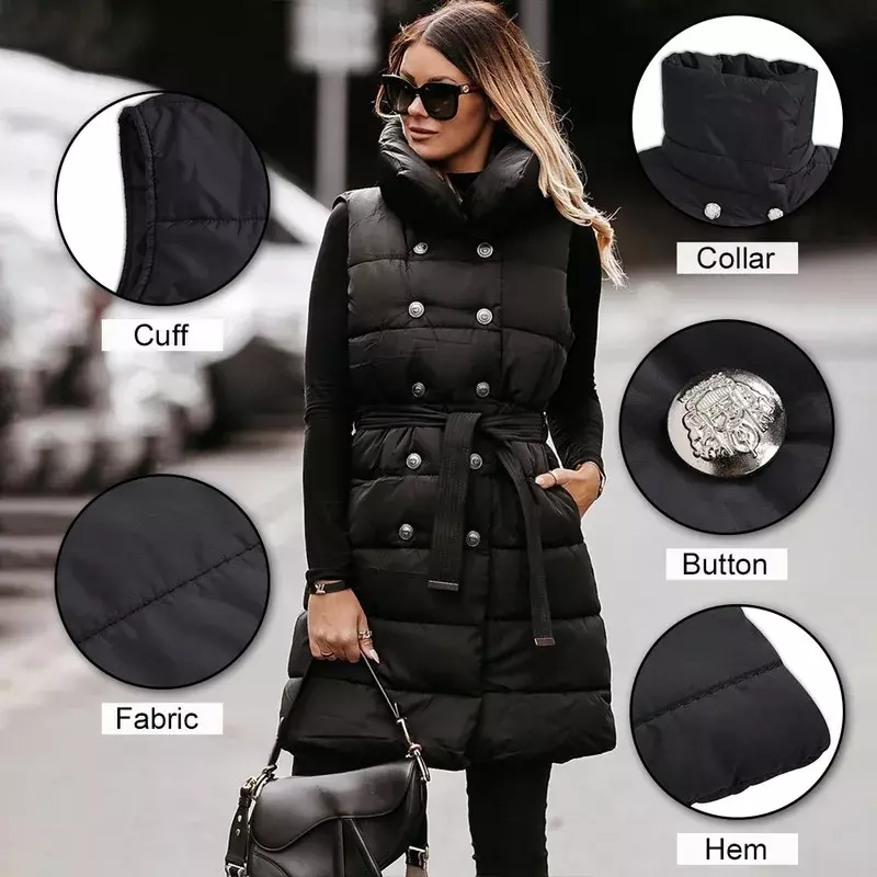 Giacca imbottita in cotone caldo invernale cappotti neri 2023 gilet donna giacche senza maniche femminili con bottone e cintura cappotto Outwear