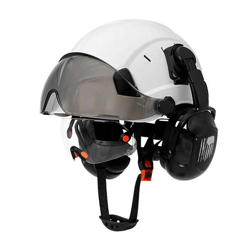 CE helm keselamatan konstruksi dengan Visor penutup telinga kacamata bawaan untuk topi keras insinyur ANSI topi kerja industri pelindung kepala