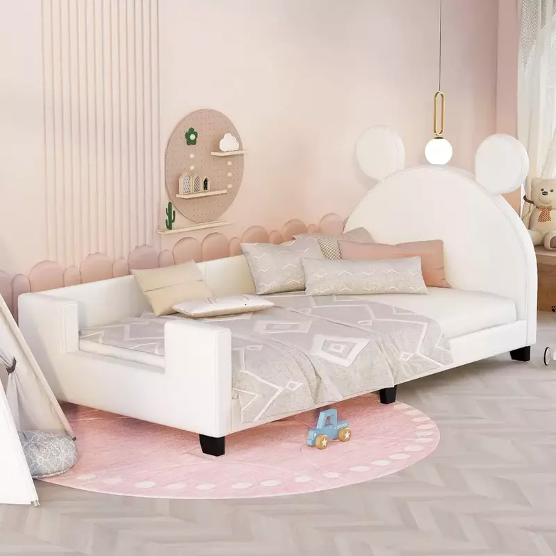 Bliźniacze tapicerowane ramy kanapa z funkcją spania dla dzieci, do sypialni w salonie, drewniane łóżko z pełnymi bokami z zagłówkiem ucha szczura