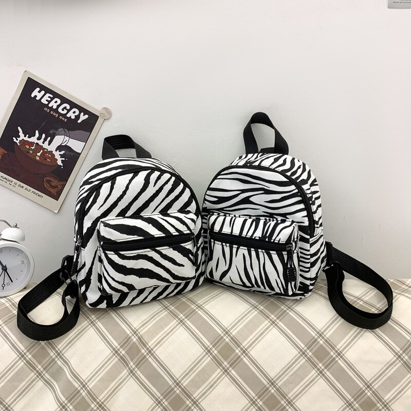 Women Fashion Zebra Stripe Print Canvas Mini Backpack Students Cute Causal Small Backpacks Girls Sweet Shopping Bags Dropship