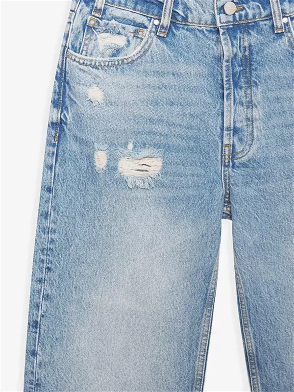 Jeans reto rasgado feminino com bolsos de zíper, calça jeans de cintura alta, simples com tudo, primavera e verão