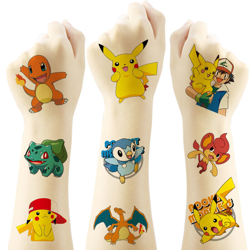 Juego de pegatinas de tatuajes de Pokémon Pikachu para niños, tatuajes temporales de dibujos animados para niños, tatuajes artísticos para niñas, regalo de cumpleaños, 20 unids/set