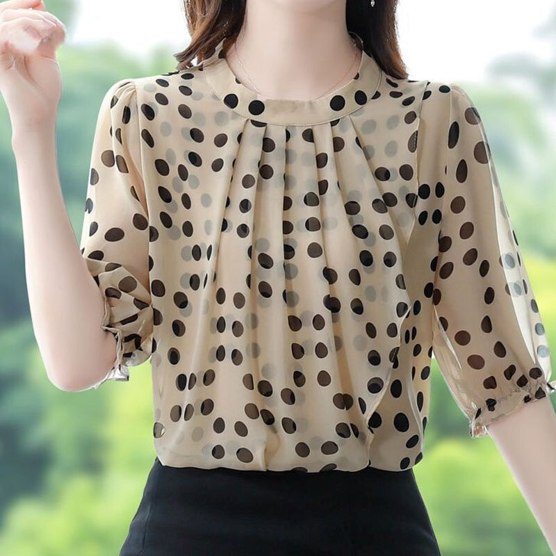 Женская одежда, модная шифоновая рубашка в горошек с круглым вырезом, летняя новая повседневная Корейская блузка с полурукавами
