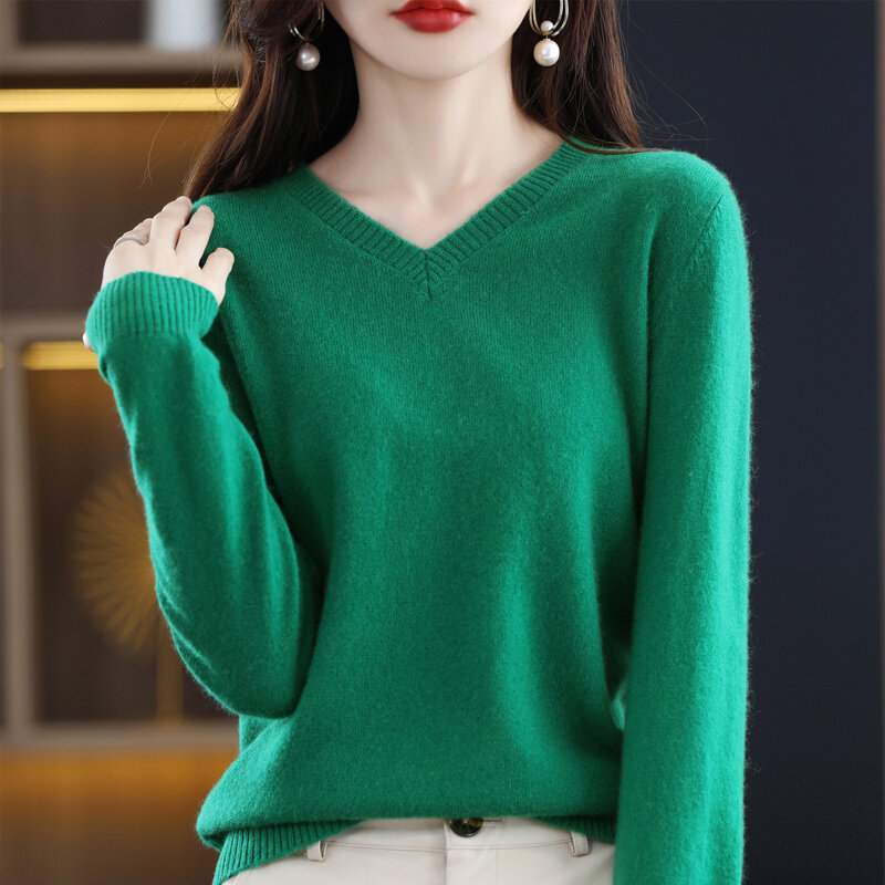 女性用ピューターウールセーター,Vネックセーター,柔らかな原宿,長袖,ゆったりとしたフィット感,多用途のファッショナブルなニットセーター