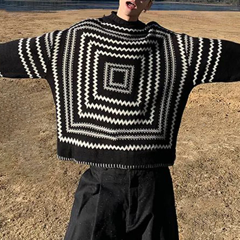 Suéter de punto con patrón geométrico de calle informal para hombre, suéter sin género, medio cuello alto, suelto, Color de contraste, Unisex, Otoño e Invierno