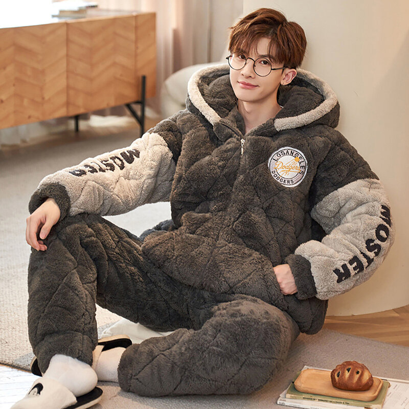 Pijama de inverno estilo coreano masculino, velo coral super grosso, pijama de pelúcia quente, zíper xadrez, pijama com capuz, 3 camadas, na moda