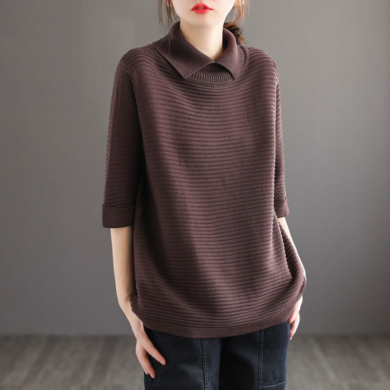 Весна 2023, корейская мода, простые однотонные базовые вязаные свитера в стиле ретро с рукавом до локтя, Женский Повседневный Свободный пуловер, топ, женская одежда