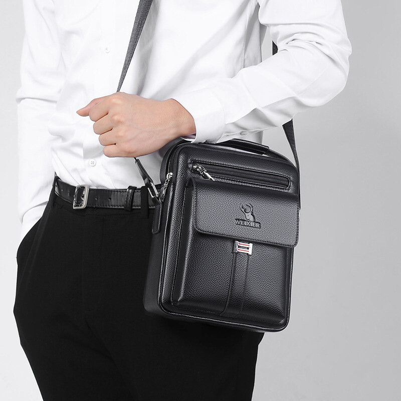 Sacos de ombro crossbody impermeáveis para homens, couro PU, sacola padrão lichia, bolsas mensageiro de negócios, marca vintage
