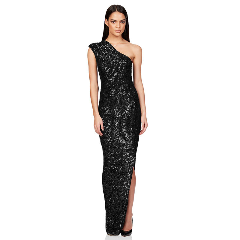 Sexy Sequined Criss-Cross Dresses Women One Shoulder Sleeveless Long Dress Elegant Female Cocktail Party Evening Prom Dress Hxy1