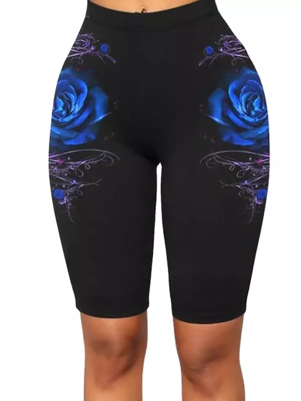 XS-5XL musim panas wanita pakaian dicetak celana pendek legging kasual modis celana pendek mawar elastis tinggi pinggang olahraga Yoga celana ukuran besar