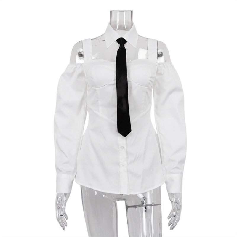 Camisa feminina com corte baixo fora do ombro, blusa branca, gravata de manga comprida, alça de cabeçada, sexy, garota quente, wlj