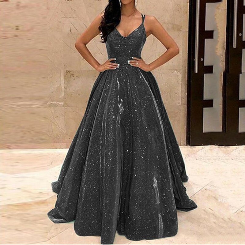 Fall Dresses For Women 2024 Spaghetti Strap Sleeveless Glitter Sequin Big Swing Formal Dresses Elegant Party Evening Dress