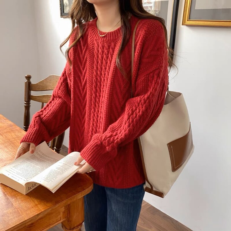 여성 라운드넥 모직 스웨터, 두꺼운 루즈한 겉옷, 느긋한 풀오버 니트, 가을 겨울 신상
