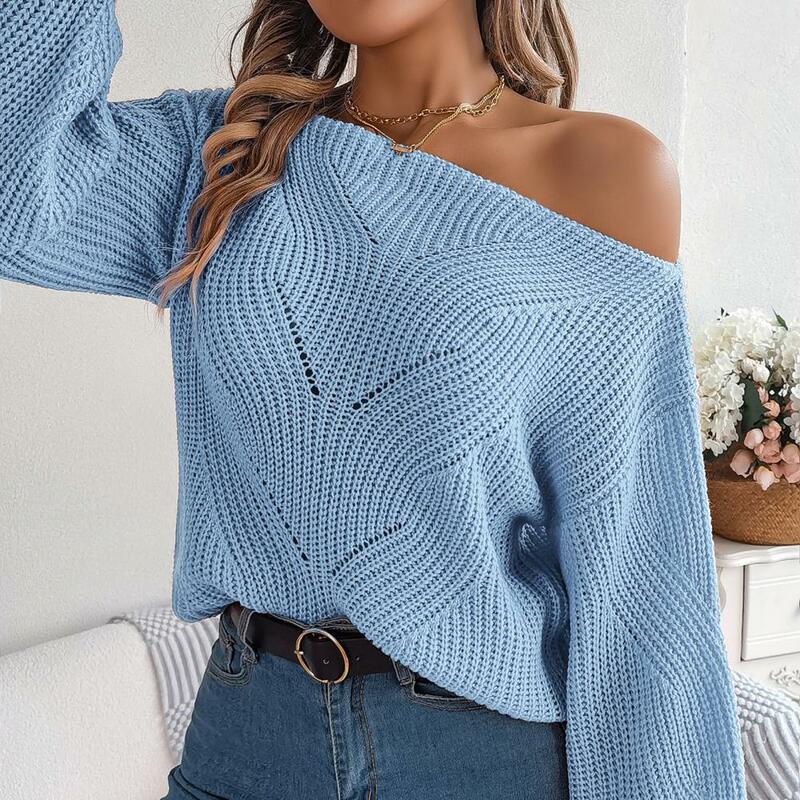 Long-sleeved Pullover Sweater Stylish Women's Fall Winter Sweater One Shoulder Knitted Pullover with Lantern Sleeves for Lady
