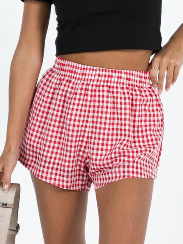 Women Plaid Shorts Elastic Waist Casual Shorts Summer Streetwear for Daily Date
