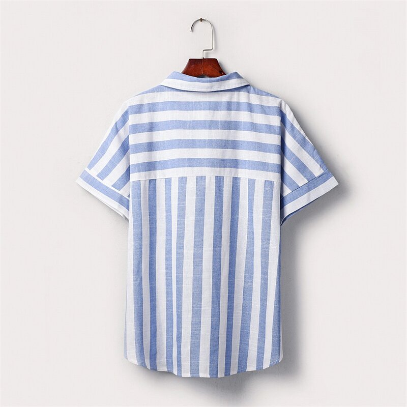 Blusa de lino y algodón con estampado a rayas para mujer, camisa de manga larga con cuello vuelto y botones, cárdigan de verano, 2023