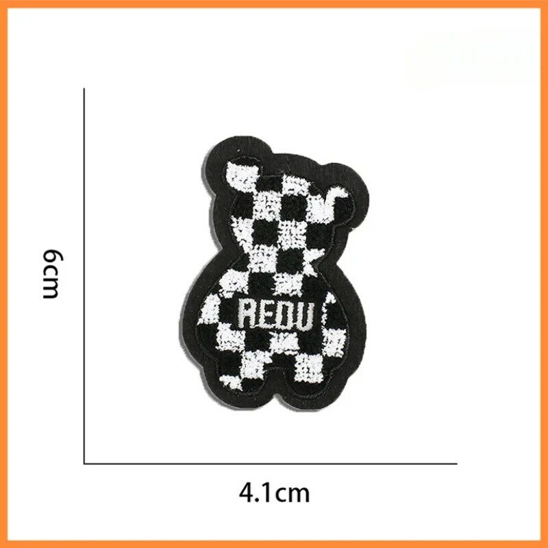 2024 New Embroidery Plaid Patch DIY Cartoon Black And White Bear Heart Iron On Adhesive Sticker Clothing Bag Hat Fabric Emblem