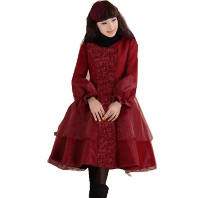 Autumn and winter new organza lace stitched woolen long coat a line coat