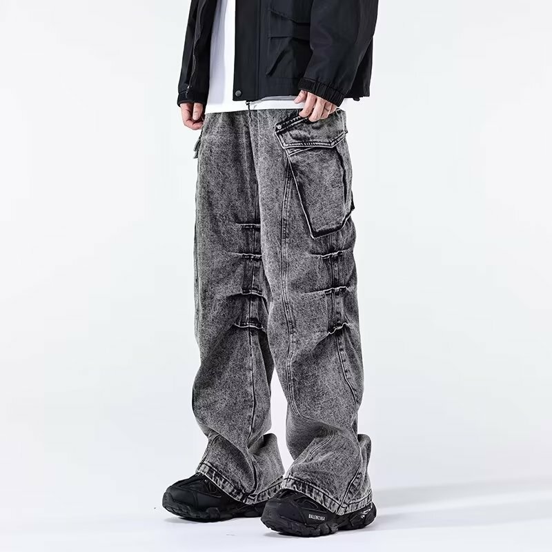 Calças largas largas para homens, calças largas, streetwear plissado, calças longas retas, roupas cinza vintage, moda Y2K, 2022