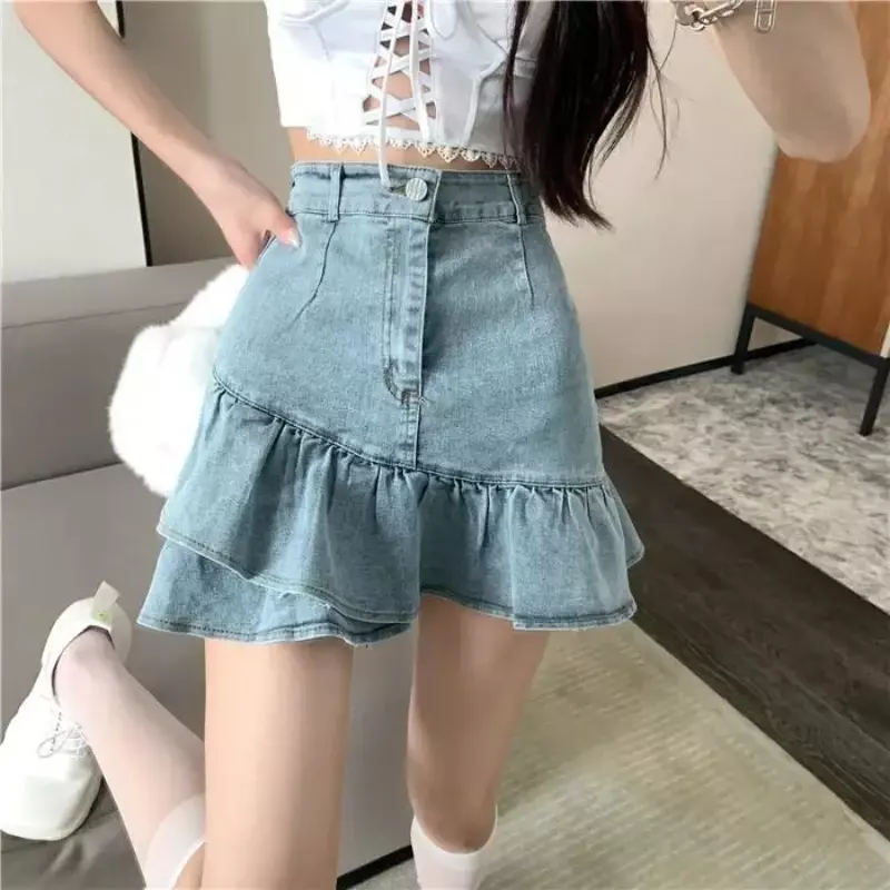Denim Skirts Women Mini A-line Irregular Ruffles All-match Korean Fashion Hotsweet Girlish Sweet Age-reducing Y2k Chic Stylish