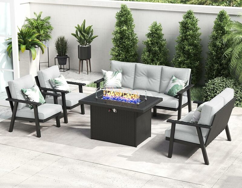 Modern Aluminum Patio Furniture Set with Fire Pit Table, Outdoor Wicker Rattan Conversation Set Sofa Seating Set