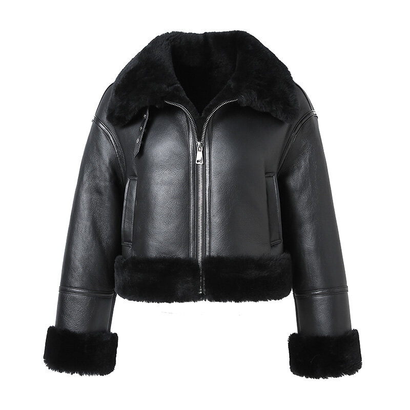 Lady Sheepskin แท้แจ็คเก็ต2022ใหม่ตัดเสื้อฤดูหนาวหนาขนแกะซับ Biker แฟชั่น Moto เสื้อกันหนาว7944B