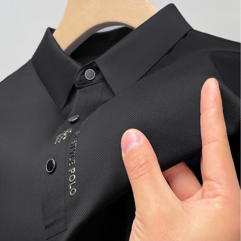 Ijs Zijde Geborduurd Polo Shirt 2023 Nieuwe Herfst/Zomer Polo Hals Elastische T-Shirt Koreaanse Mode Korte Mouw Casual Heren Clothi