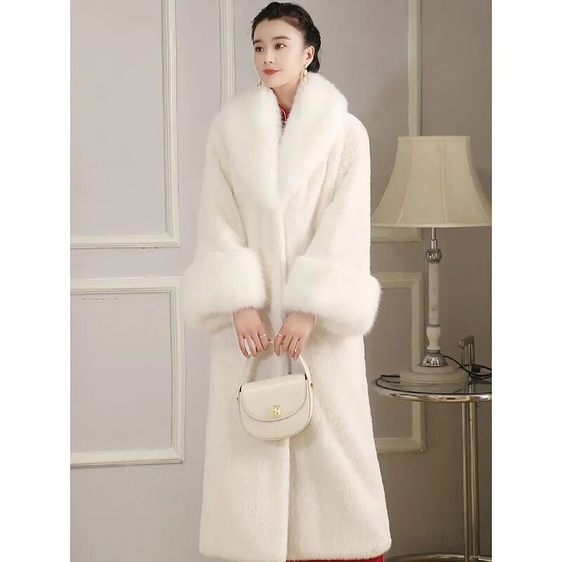 女性用ロングフェイクファーコート,韓国の冬服,女性用ジャケット,厚手の襟,暖かい服,新しいコレクション2023