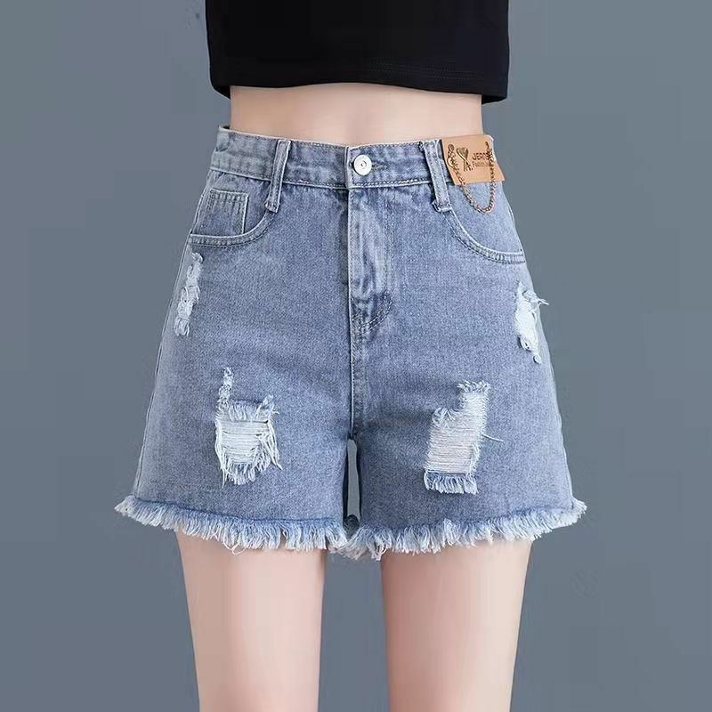 Pantalones cortos vaqueros perforados para mujer, Shorts ajustados de cintura alta, corte en A, estilo fino, novedad de verano 2024