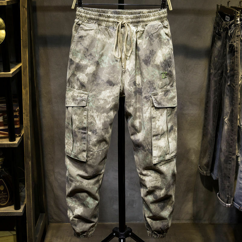 Calças masculinas soltas de engenharia de forças especiais, high-end casual soltas, camo americano do deserto, pé pequeno na moda, outono