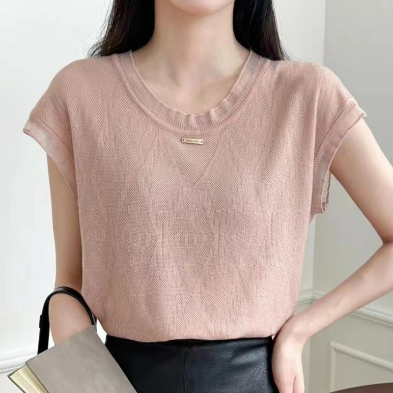 Fashion Korean Crochet Hollow Out Short Sleeved T-shirt Women Summer New Solid Round Neck Loose Knitting Lacework Thin Tops 2024