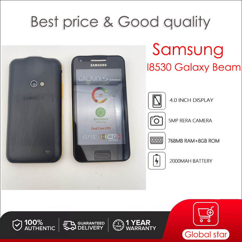 Samsung-Smartphone I8530 Galaxy Beam de doble núcleo, mini-sim, 8GB, 5MP, 4,0 pulgadas, 2000mAh, nHD integrado, Original, usado, desbloqueado