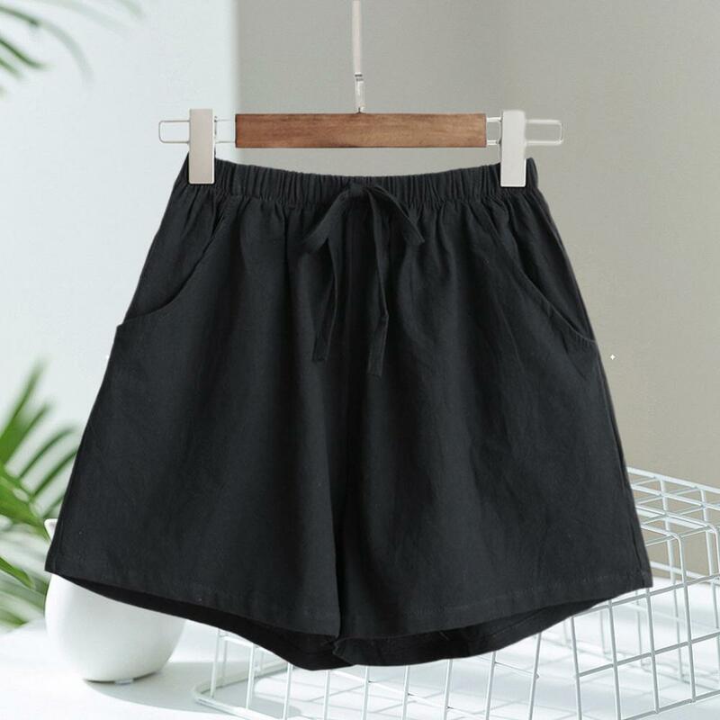 Shorts de linho de algodão feminino, monocromático, cintura alta, preto, plus size, casual, calça curta básica, moda verão