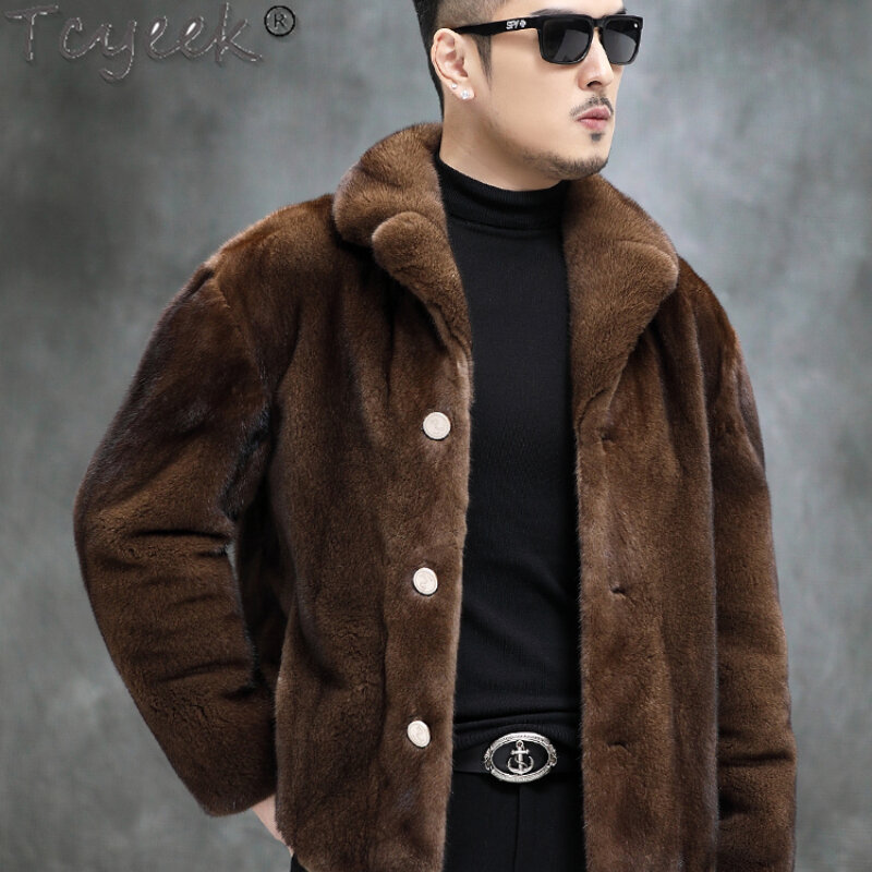 Tcyeek-Casaco de pele de vison quente para homens, casaco de café, curto, solto, casacos naturais, inverno, luxo, 2023