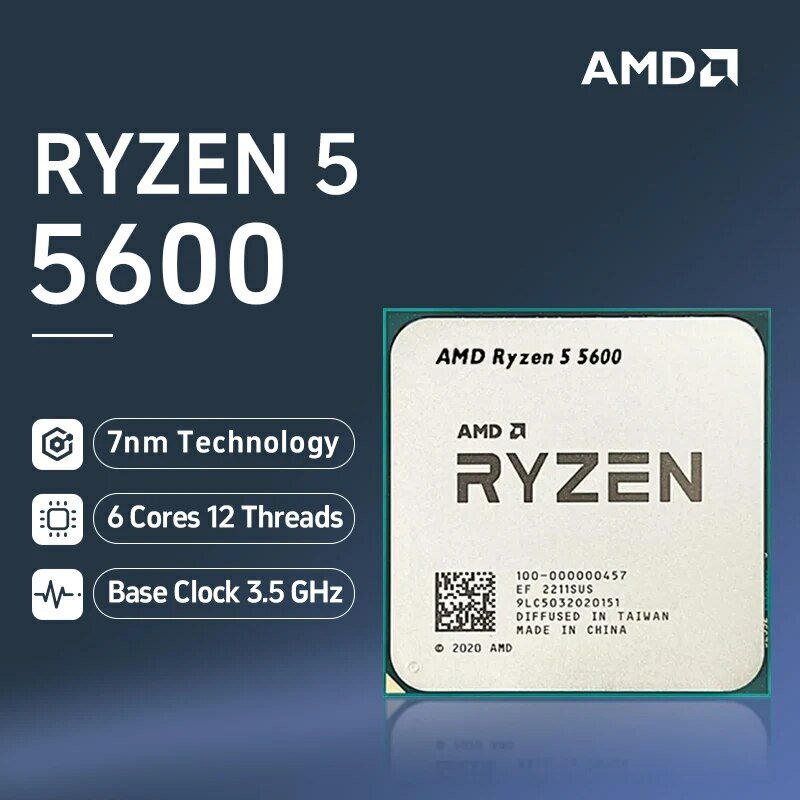 AMD Ryzen 5 5600 6-Core 12-Thread 3.5GHz DDR4 3200 65W AM4 Socket Desktop Processor CPU without Cooler