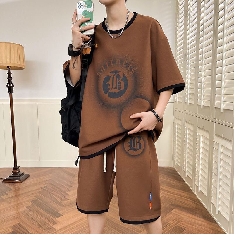 남성용 캐주얼 루즈핏 하이 퀄리티 투피스 세트, 편안한 프린트, 부드러운 통기성 운동복, 라지 사이즈, 2024 여름 신상 패션