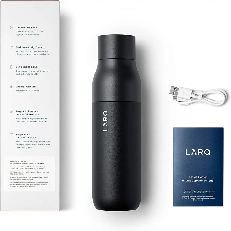 LARQ-Garrafa de água isolada de aço inoxidável com purificador de água UV, PureVis, auto-limpeza, 17 oz, premiado