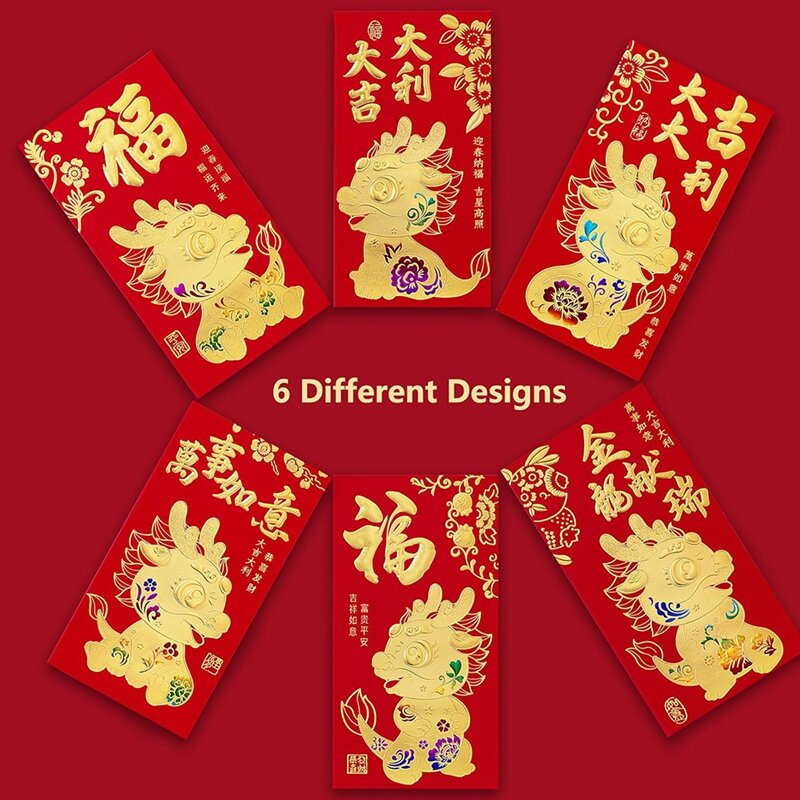 2024 새해 빨간 봉투, 돈 2024 용 중국 봉투, 6 가지 디자인, 36 개, 6.5x3.5 인치