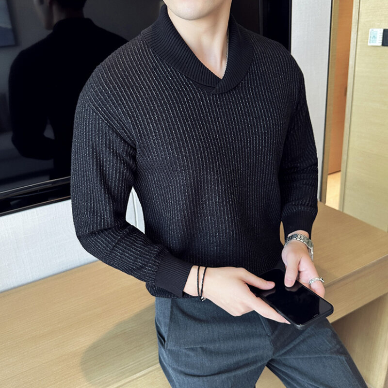 Suéter de punto con cuello de fruta para hombre, jersey con diseño de cuadrícula, ropa de marca coreana, informal, ajustado