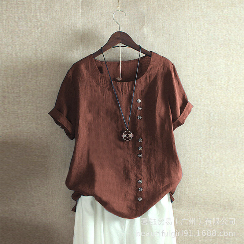 VOLALO-Blusa holgada de lino y algodón para mujer, camisa de manga corta con estampado, estilo gótico, 2024