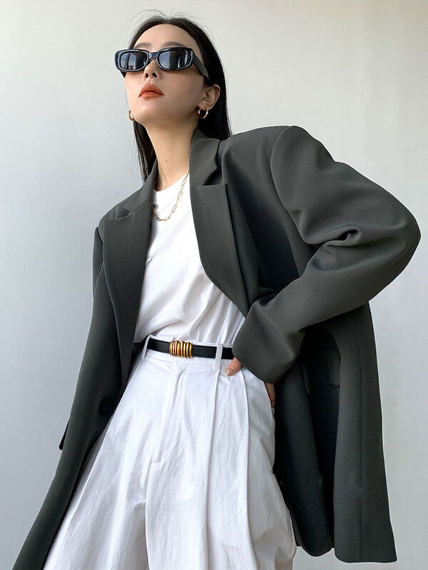 UNXX-Chaqueta gris de manga larga para mujer, traje liso de gran tamaño para oficina, ropa de trabajo, abrigo, primavera y otoño, 2024