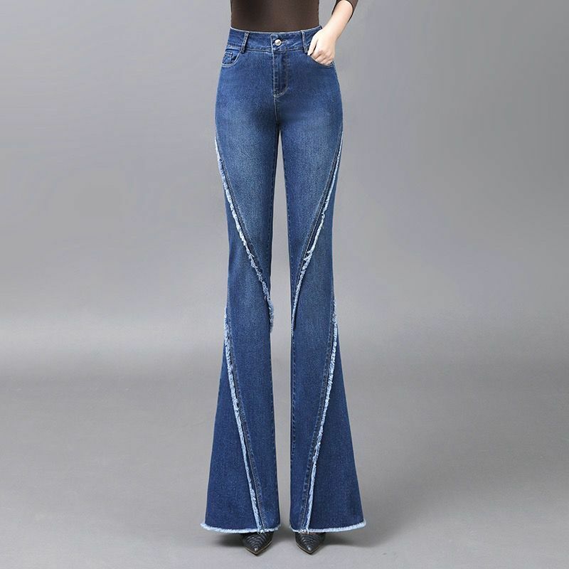 Streetwear moda donna Jeans svasati con bordo ruvido primavera autunno nuovi pantaloni in Denim lavato Casual da donna versatili a vita alta