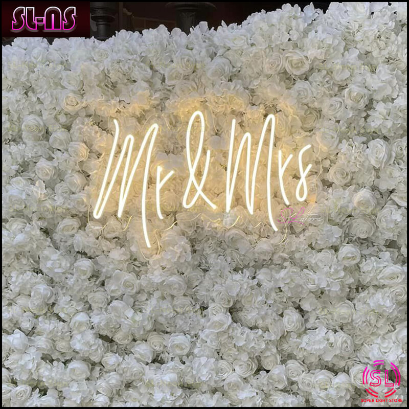 Big Neon Mr and Mrs Sign for Wedding Wall Decoration, Flexible LED Signage, btLED Light, 75x48cm
