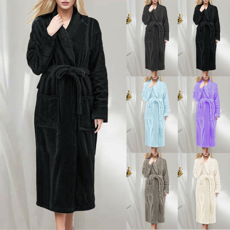 Albornoz largo con capucha para mujer, albornoz grueso y peludo, Kimono de franela de conejo, ropa de dormir de terciopelo