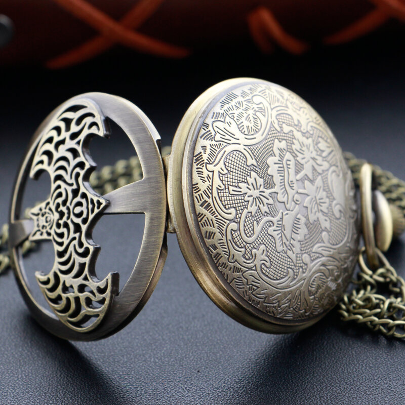 Reloj de bolsillo de cuarzo en relieve hueco de murciélago de bronce con cadena para hombres y mujeres, reloj de collar con colgante Steampunk con encanto Retro, CF1050