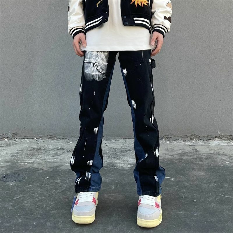 American-style high street ins ripped stitching micro-launched jeans men's straight-leg loose American-style denim trousers